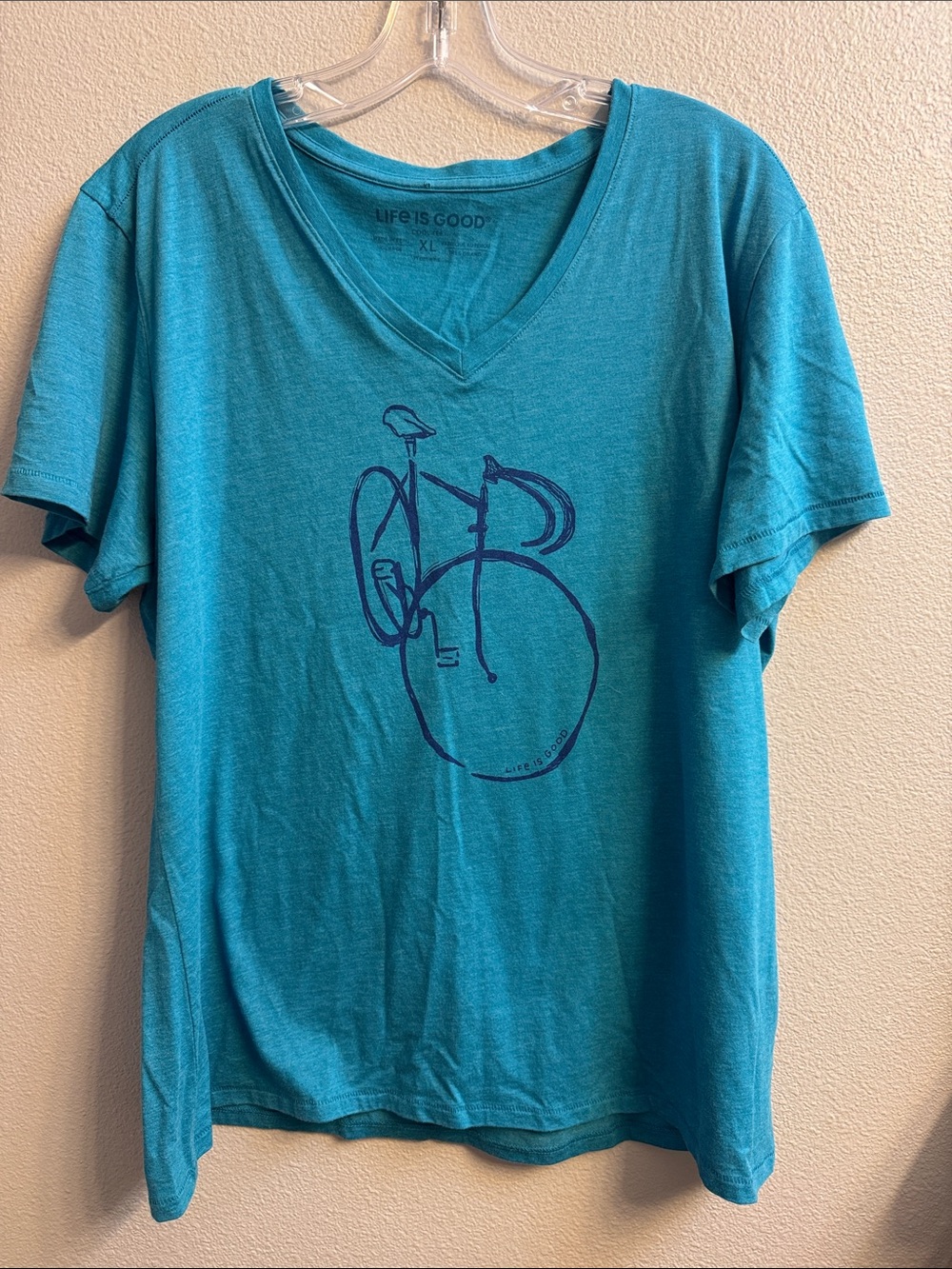Life Is Good Turquoise V-Neck Bicycle Graphic Soft Tee-SZ XL